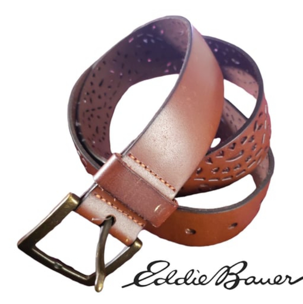 Eddie Bauer Women's Laser Cut Out Floral Hearts Brown Leather Belt Size Small